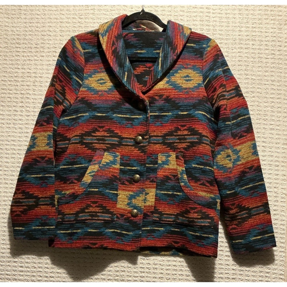 Magnolia Lane Women SouthWestern Aztec Woven Jacket Shawl Collar M Metal Buttons